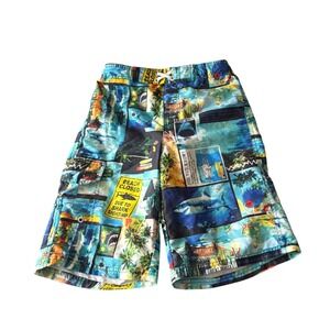 OP Ocean Pacific Boys Shark Print Board Shorts Blue Swim Trunks Size L 10-12
